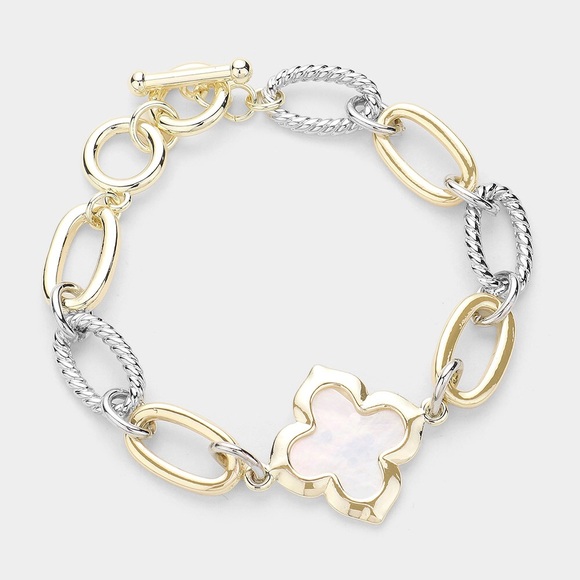 Jewelry - 14KGP Two Tone Quatrefoil Mother Of Pearl Bracelet
